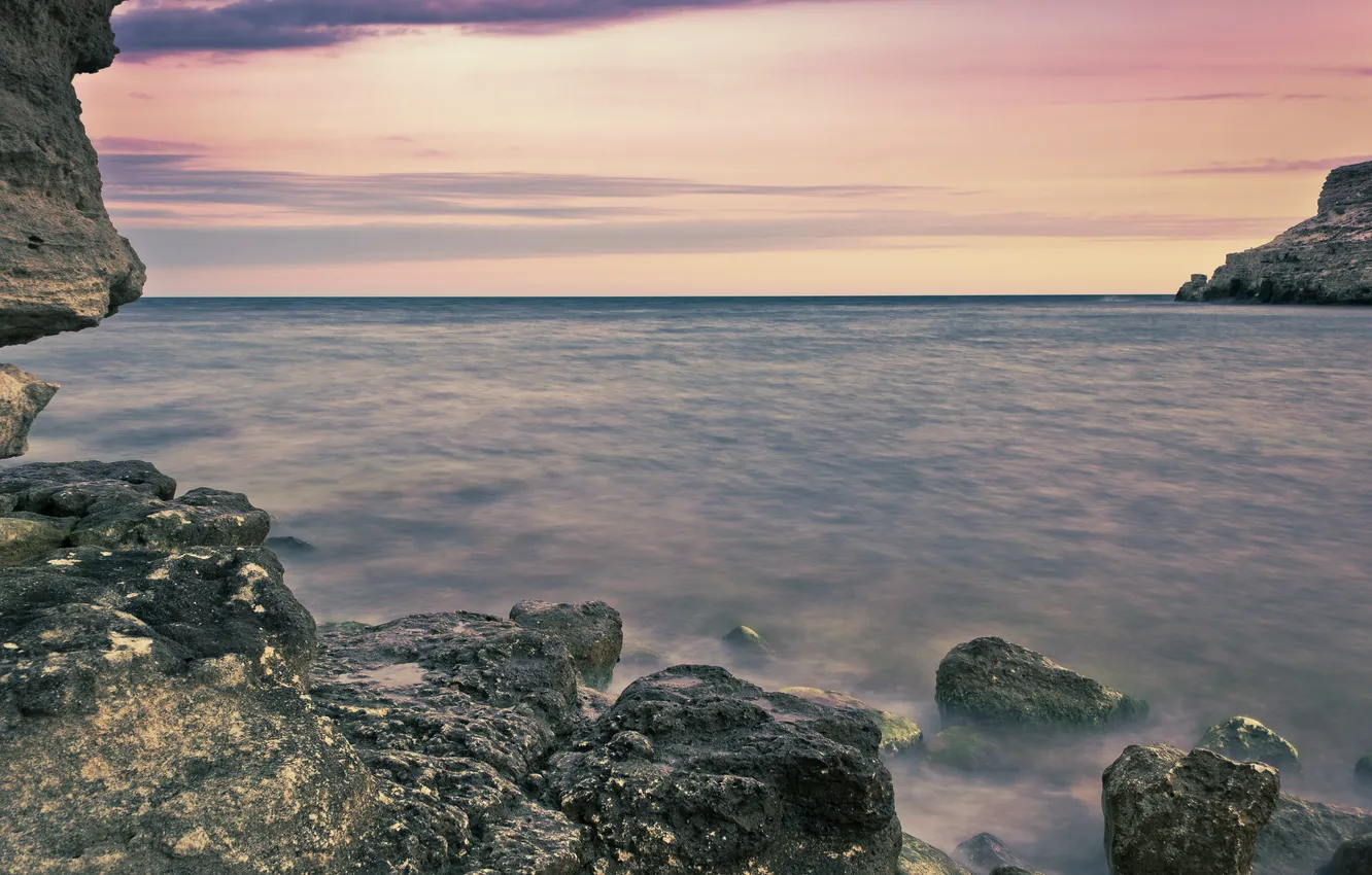 Photo wallpaper sea, water, landscape, surface, stones, rocks, color, the evening