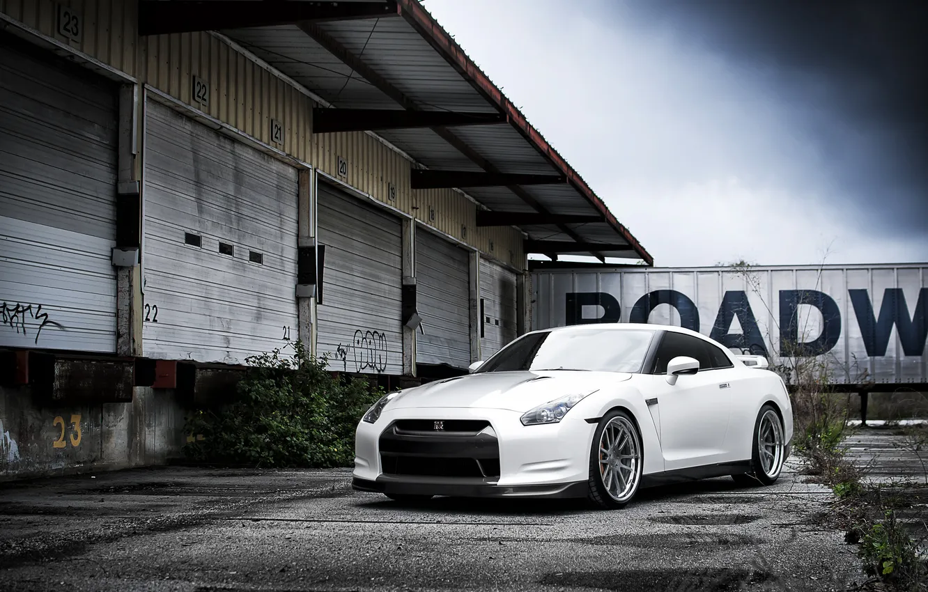 Photo wallpaper white, the sky, composition, Nissan, white, GT-R, Nissan