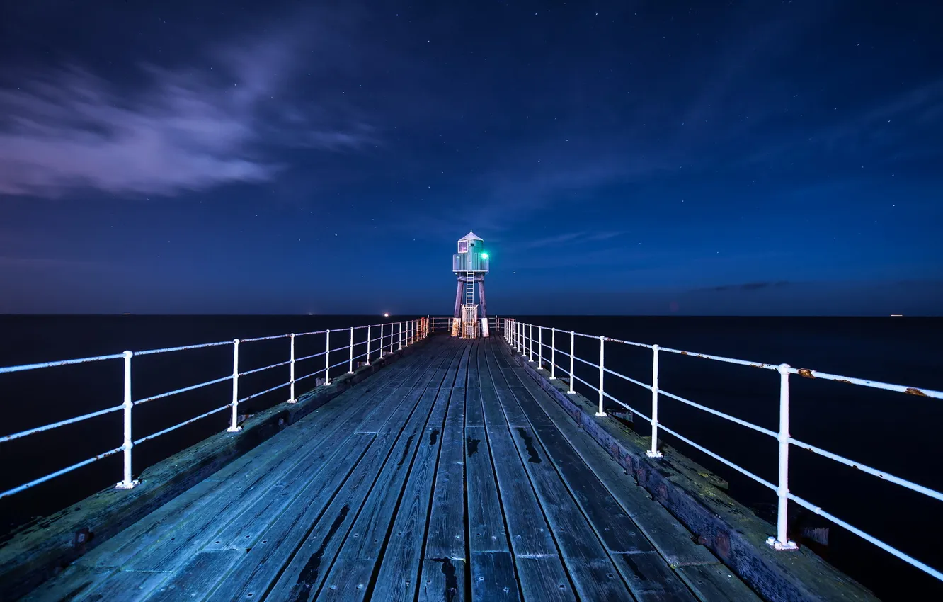 Photo wallpaper landscape, night, bridge, lighthouse