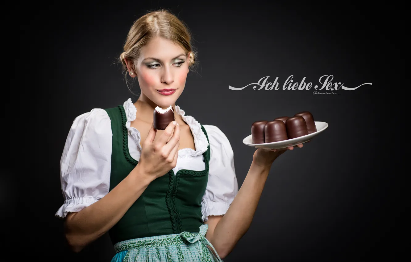 Photo wallpaper girl, plate, blonde, uniform, cakes