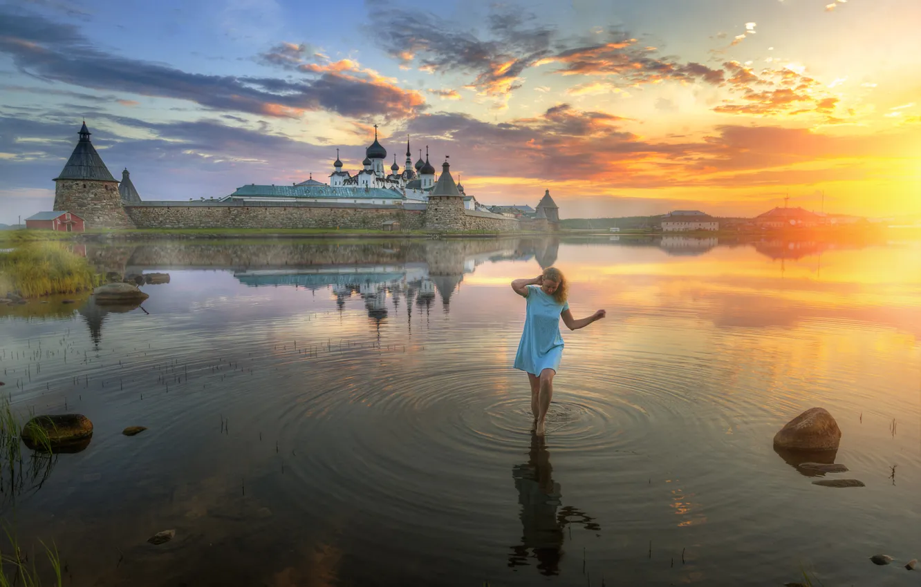 Photo wallpaper girl, clouds, sunset, lake, reflection, stones, the situation, Church