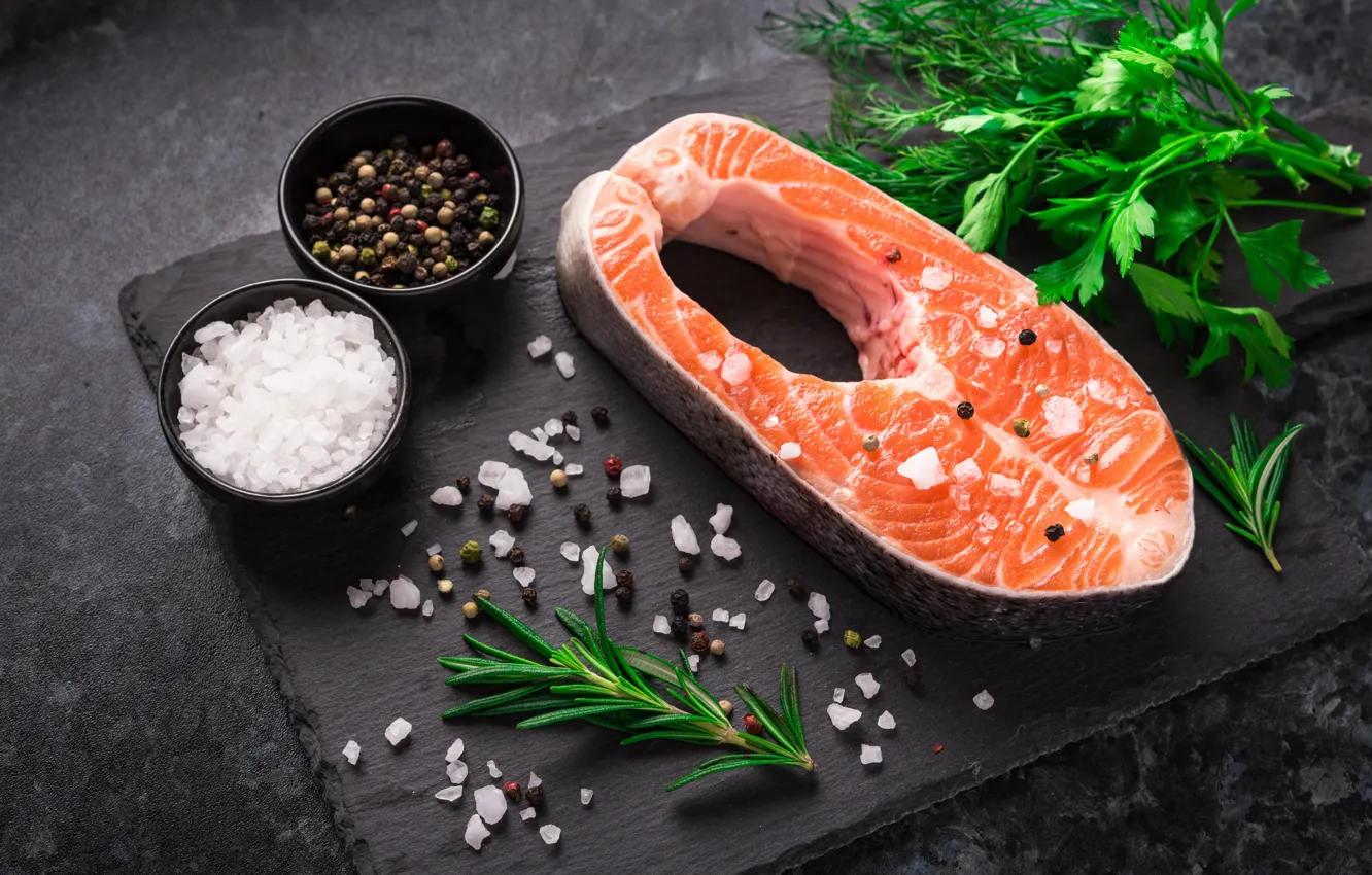 Photo wallpaper food, fish, dill, parsley, seafood, spices, rosemary