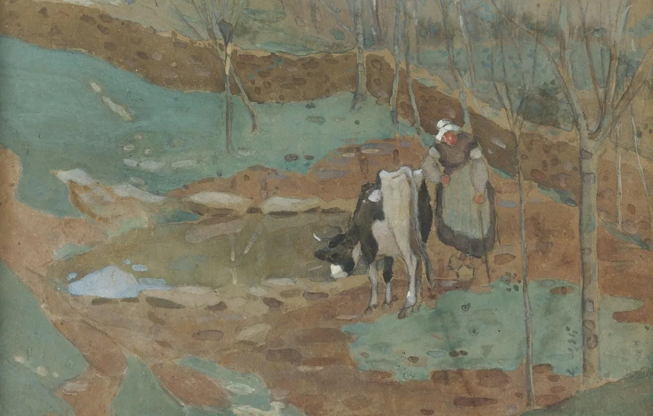 Photo wallpaper figure, watercolor, Woman and cow in a landscape, Frederick Carl Frieseke