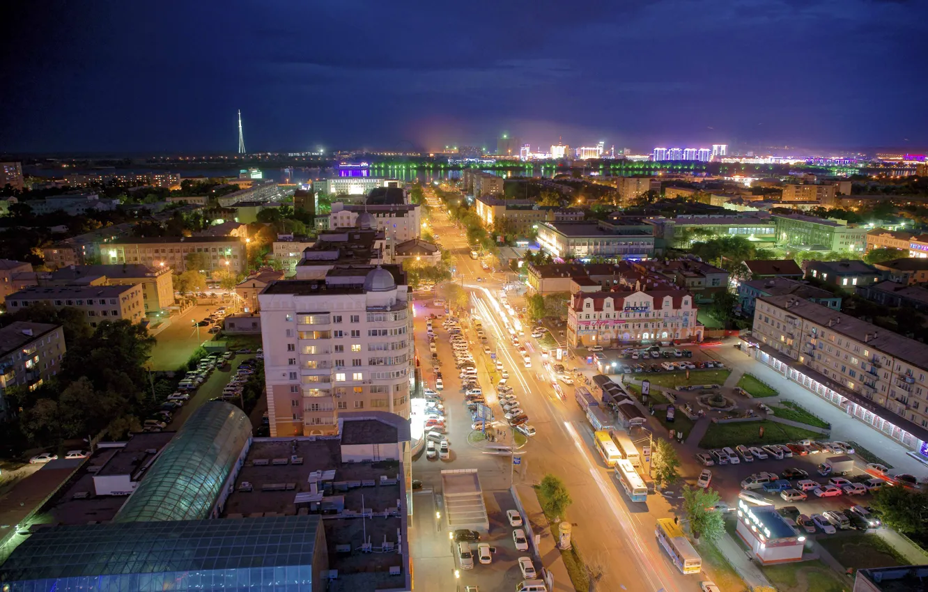Photo wallpaper machine, night, the city, lights, home, horizon