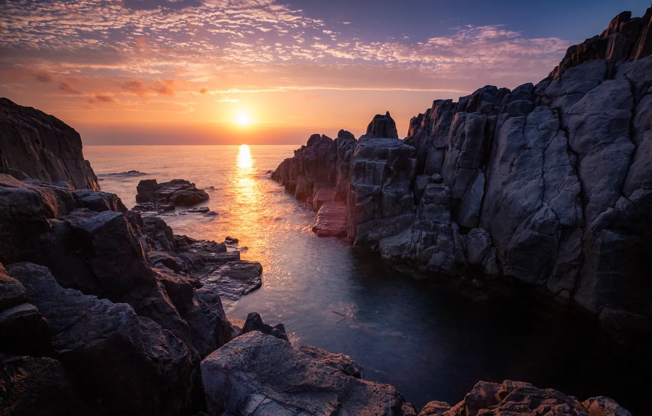 Photo wallpaper the sun, landscape, sunset, nature, rocks, Japan, The sea of Japan, Tojinbo cliffs