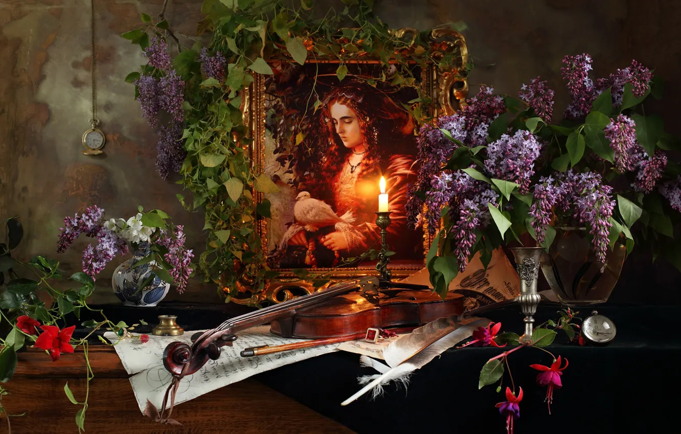 Photo wallpaper flowers, notes, violin, picture, candles, still life, lilac