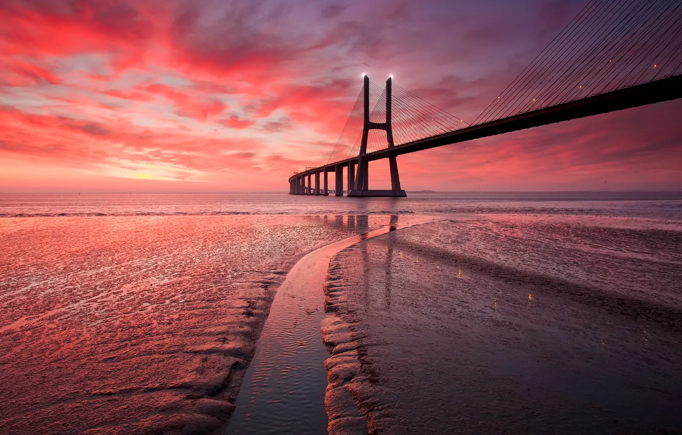Photo wallpaper sea, the sky, clouds, sunset, bridge, tide, support