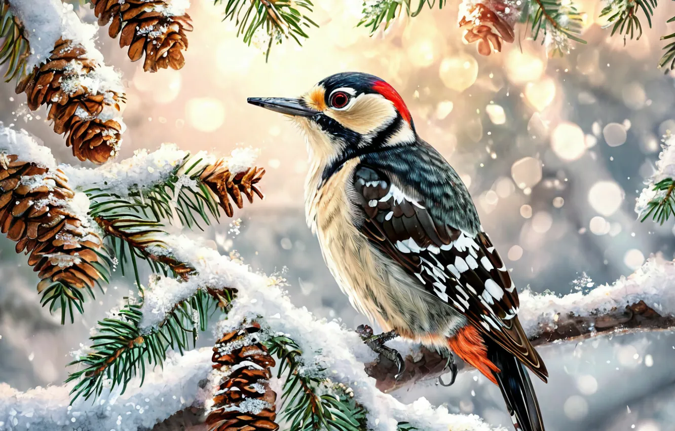 Photo wallpaper winter, bird, new year, woodpecker