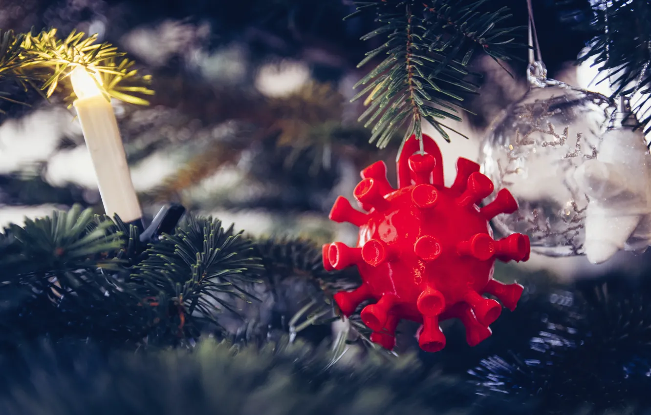 Photo wallpaper candles, balls, tree, Christmas, red, holiday, coronavirus, surprise