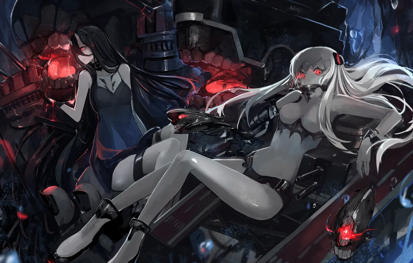 Photo wallpaper Kantai Collectio., Characters: Airfield Hime, Battleship-Symbiotic Hime, Ni-Class Destroyer, Ro-Class Destroyer, X, Artist: saberiii