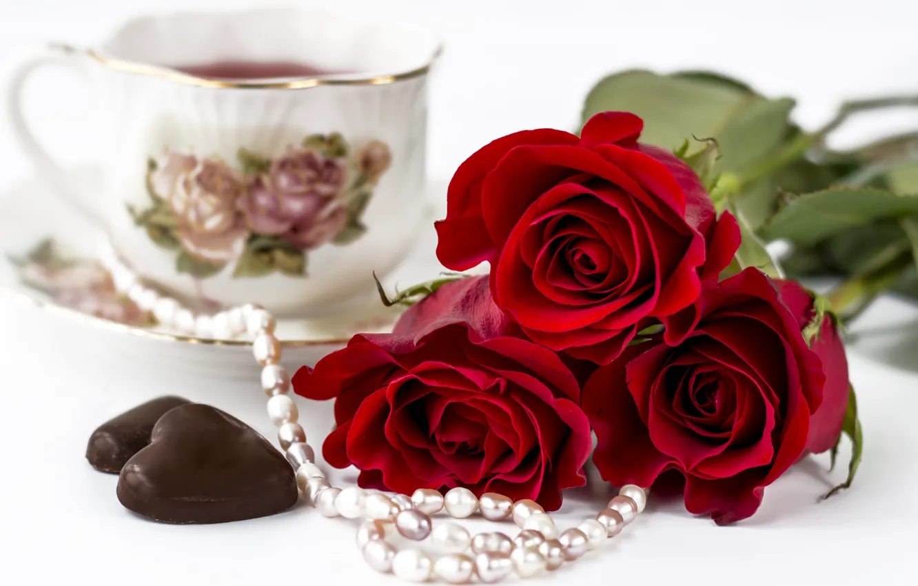 Photo wallpaper roses, necklace, candy, Cup, pearl