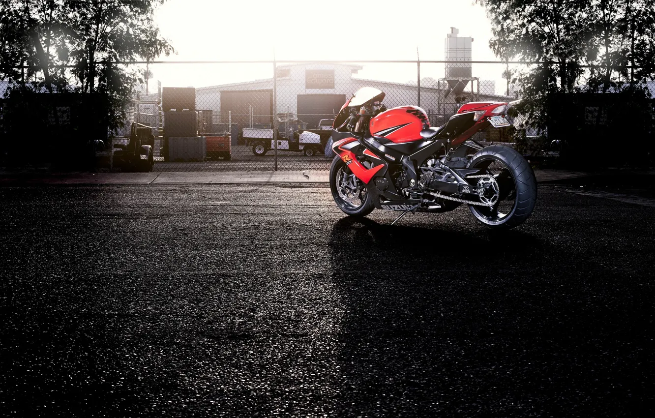 Photo wallpaper the sky, trees, red, the fence, motorcycle, red, suzuki, rear view