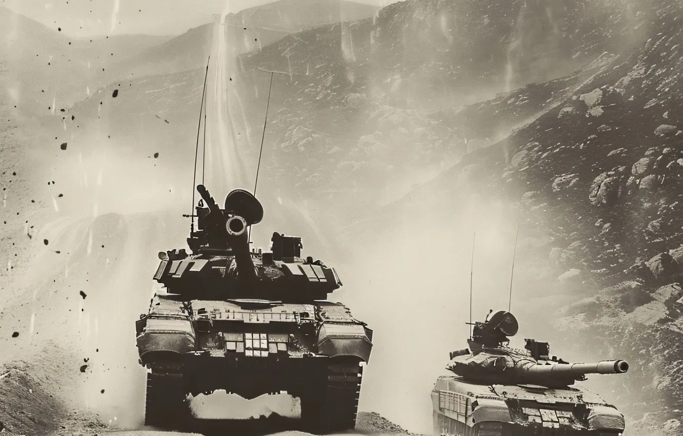 Photo wallpaper mountains, retro, smoke, tank, black and white, helicopter, digital art, AI art