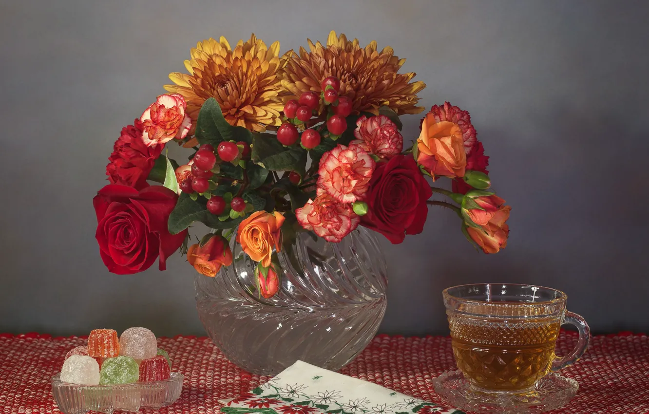 Photo wallpaper flowers, style, tea, roses, bouquet, mug, still life, chrysanthemum