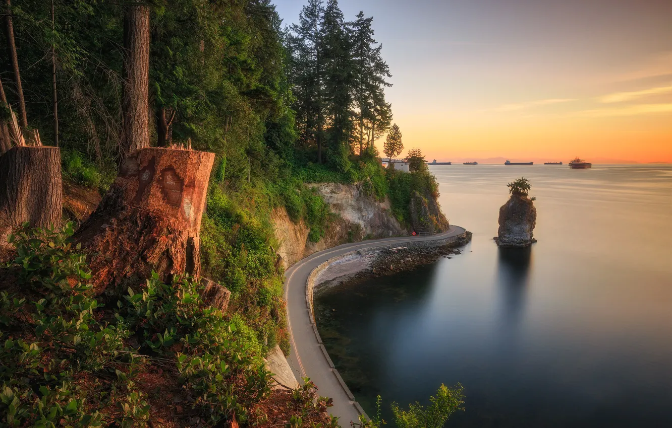 Photo wallpaper road, sea, forest, rock, coast, Canada, Vancouver, Canada