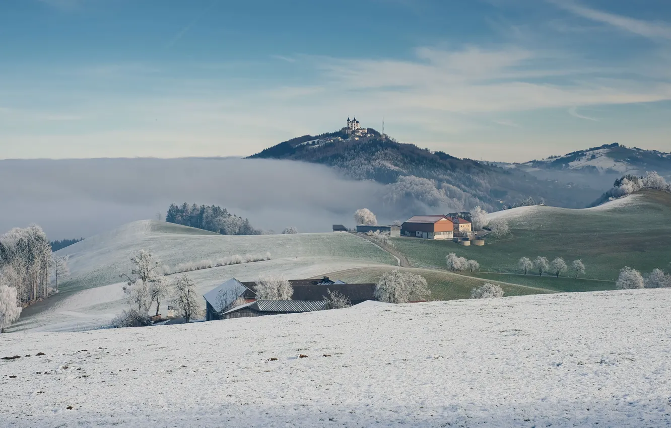 Photo wallpaper winter, frost, road, field, forest, the sky, clouds, snow