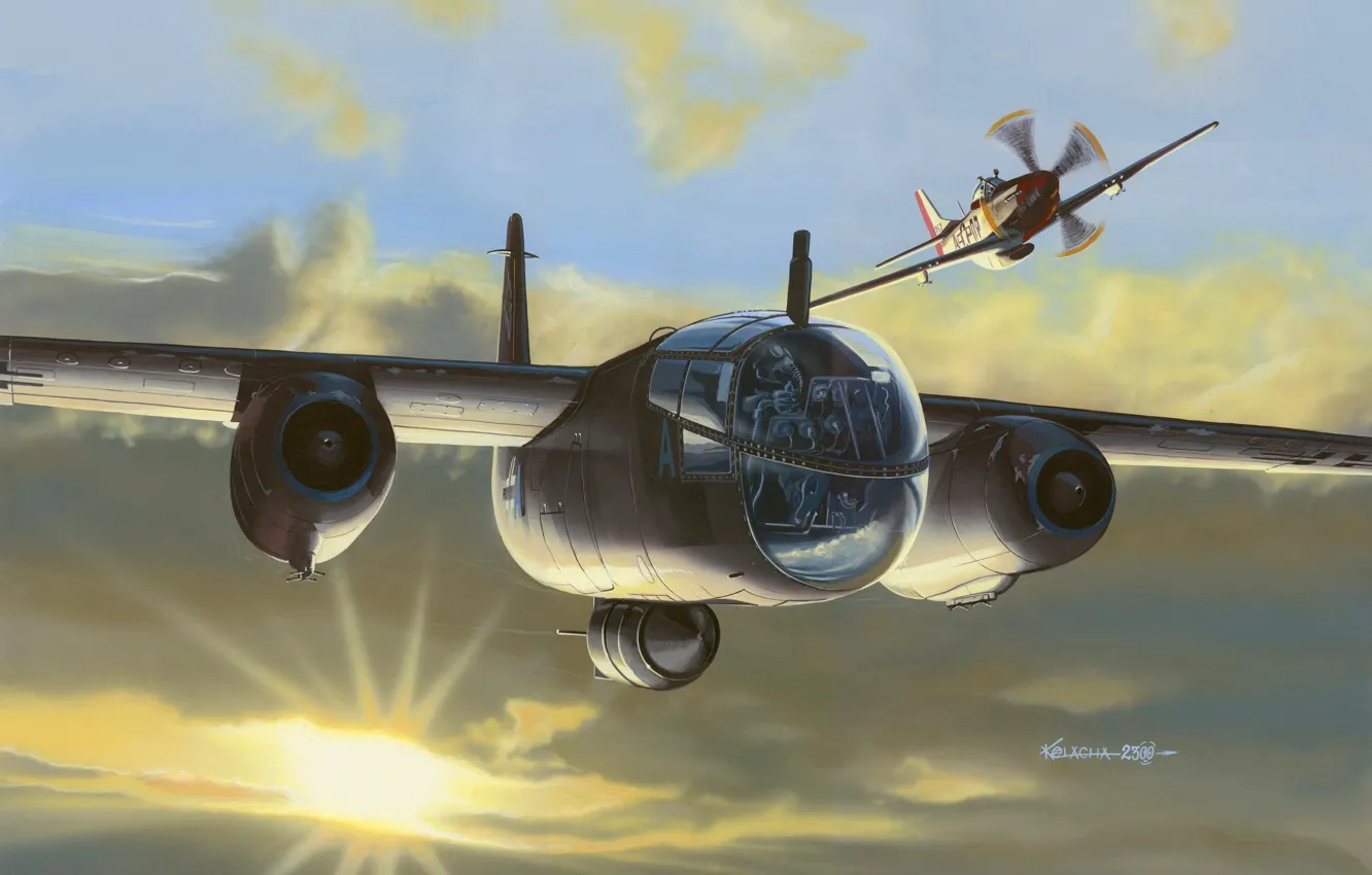 Photo wallpaper USAF, Air force, Arado, P-51D, P-51 Mustang, Piston fighter, Ar 234 Blitz, jet bomber