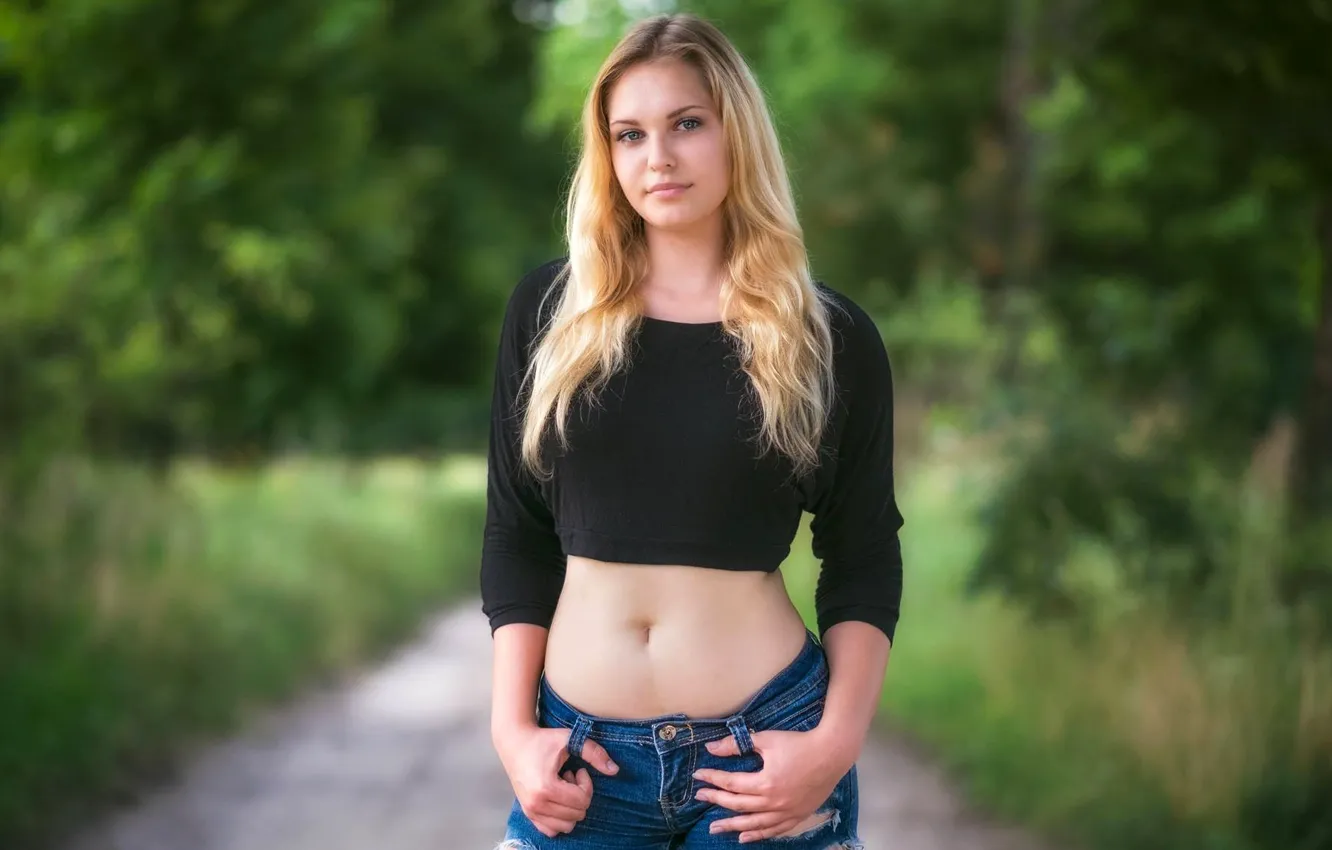 Photo wallpaper road, forest, look, trees, sexy, pose, model, shorts