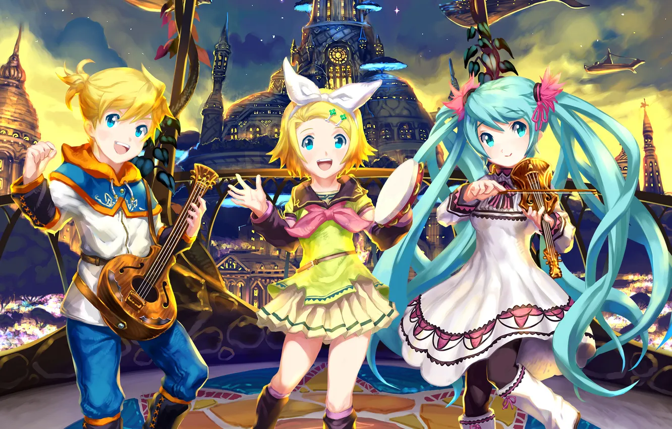 Photo wallpaper the sky, girl, stars, clouds, the city, castle, violin, ship