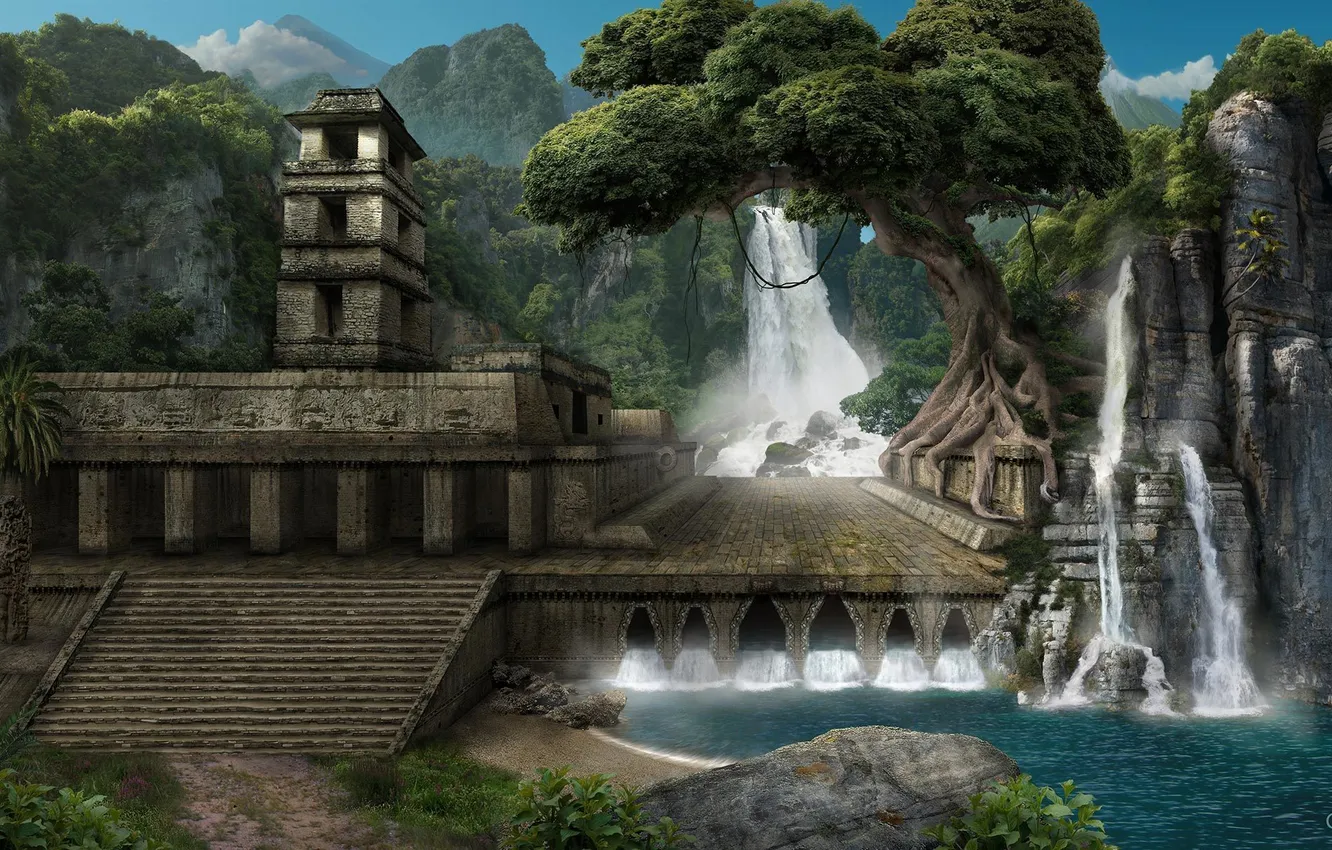 Photo wallpaper tree, the building, art, ladder, temple, ruins, waterfalls