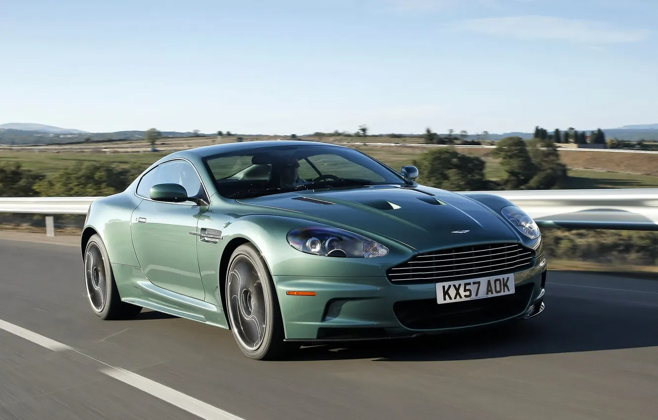 Photo wallpaper road, the sky, speed, green, Aston Martin, aston martin, dbs, the front