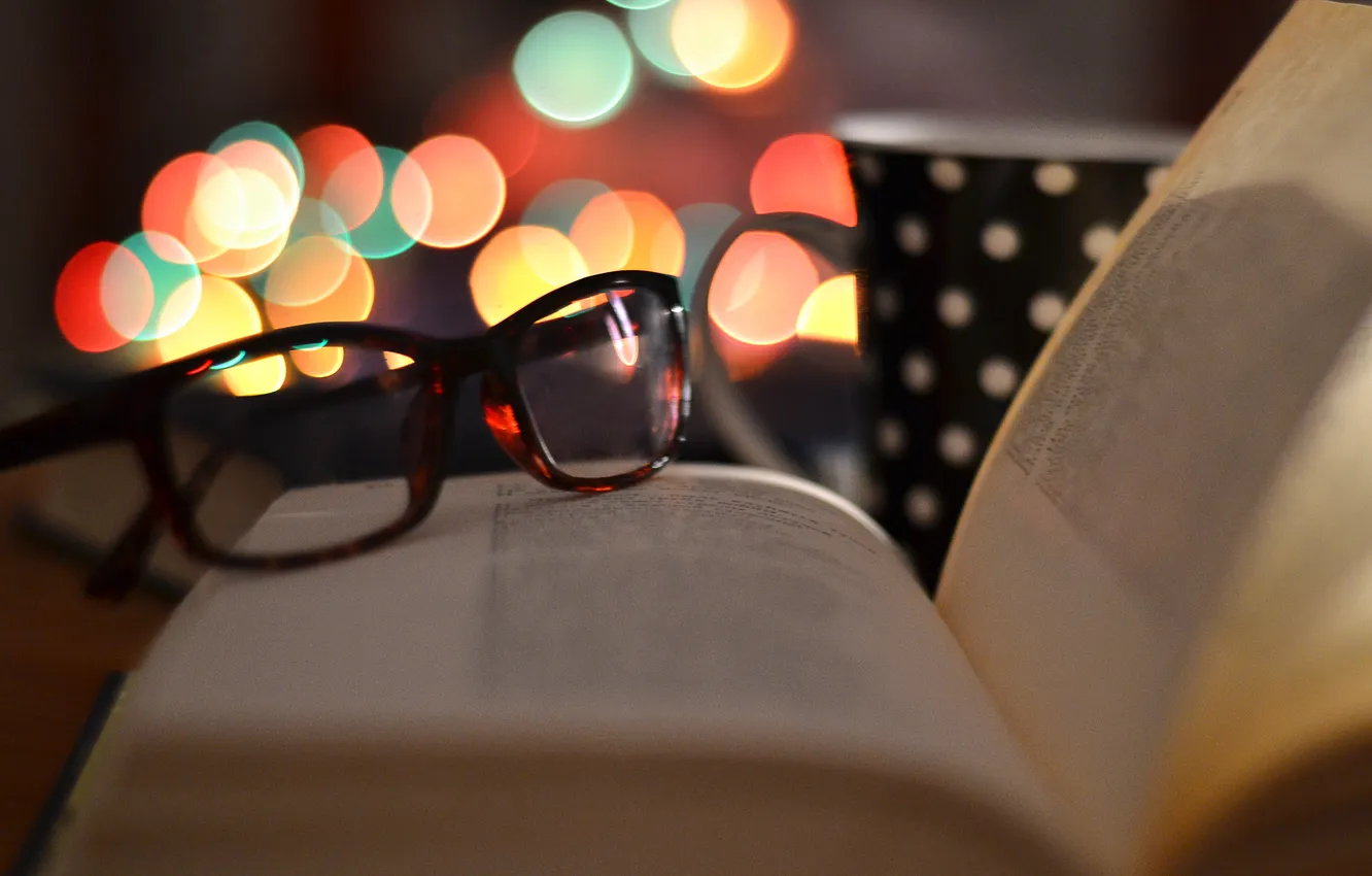 Photo wallpaper glasses, Cup, book, bokeh