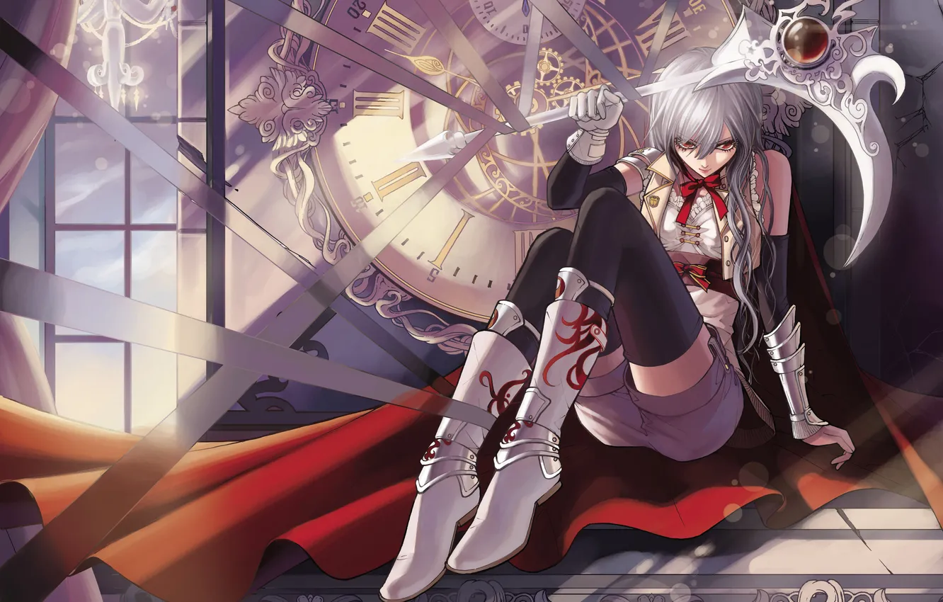 Photo wallpaper girl, weapons, fiction, watch, interior, armor, tape, braid