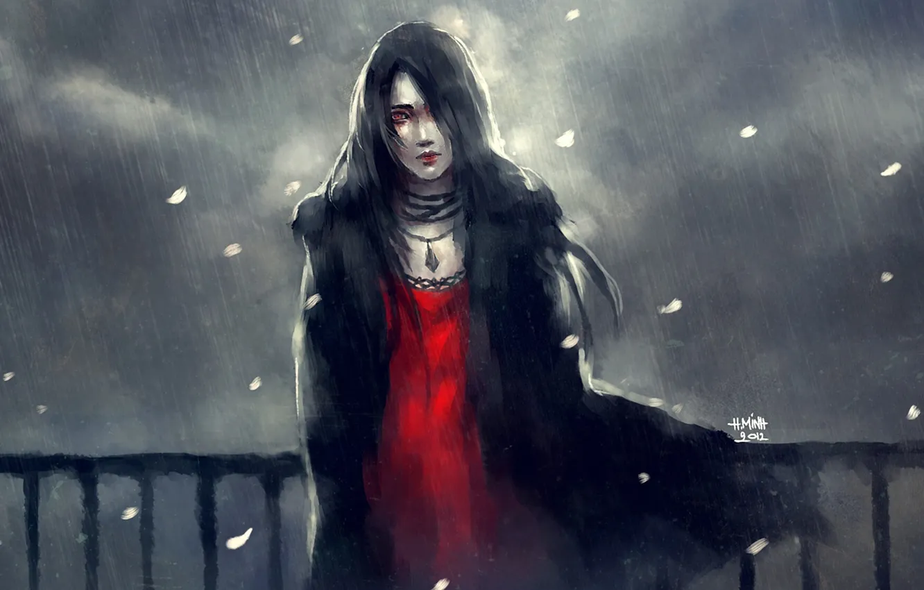Photo wallpaper sadness, look, rain, long hair, the girl in the red, NanFe