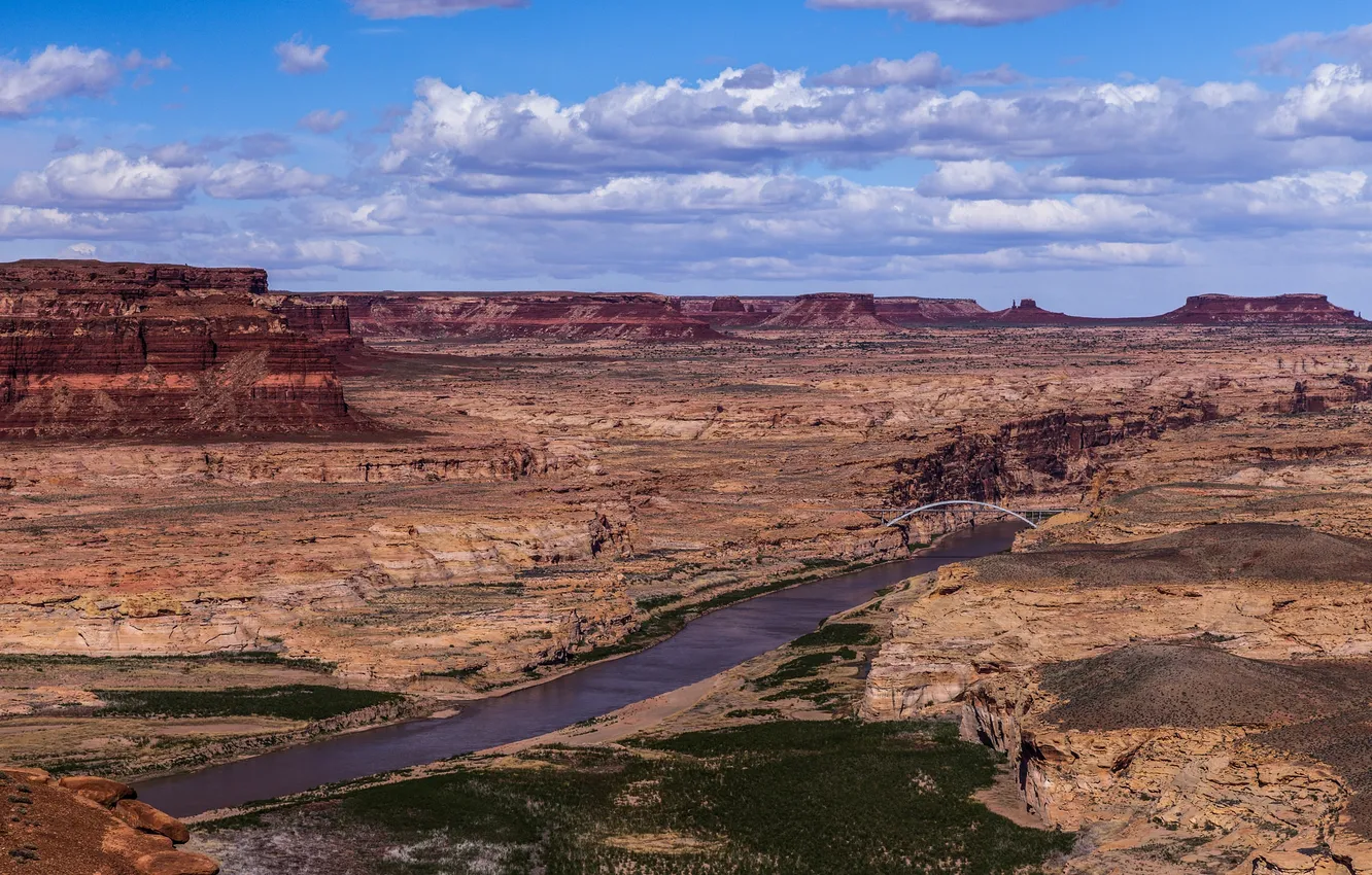 Photo wallpaper the sky, mountains, bridge, river, rocks, canyon