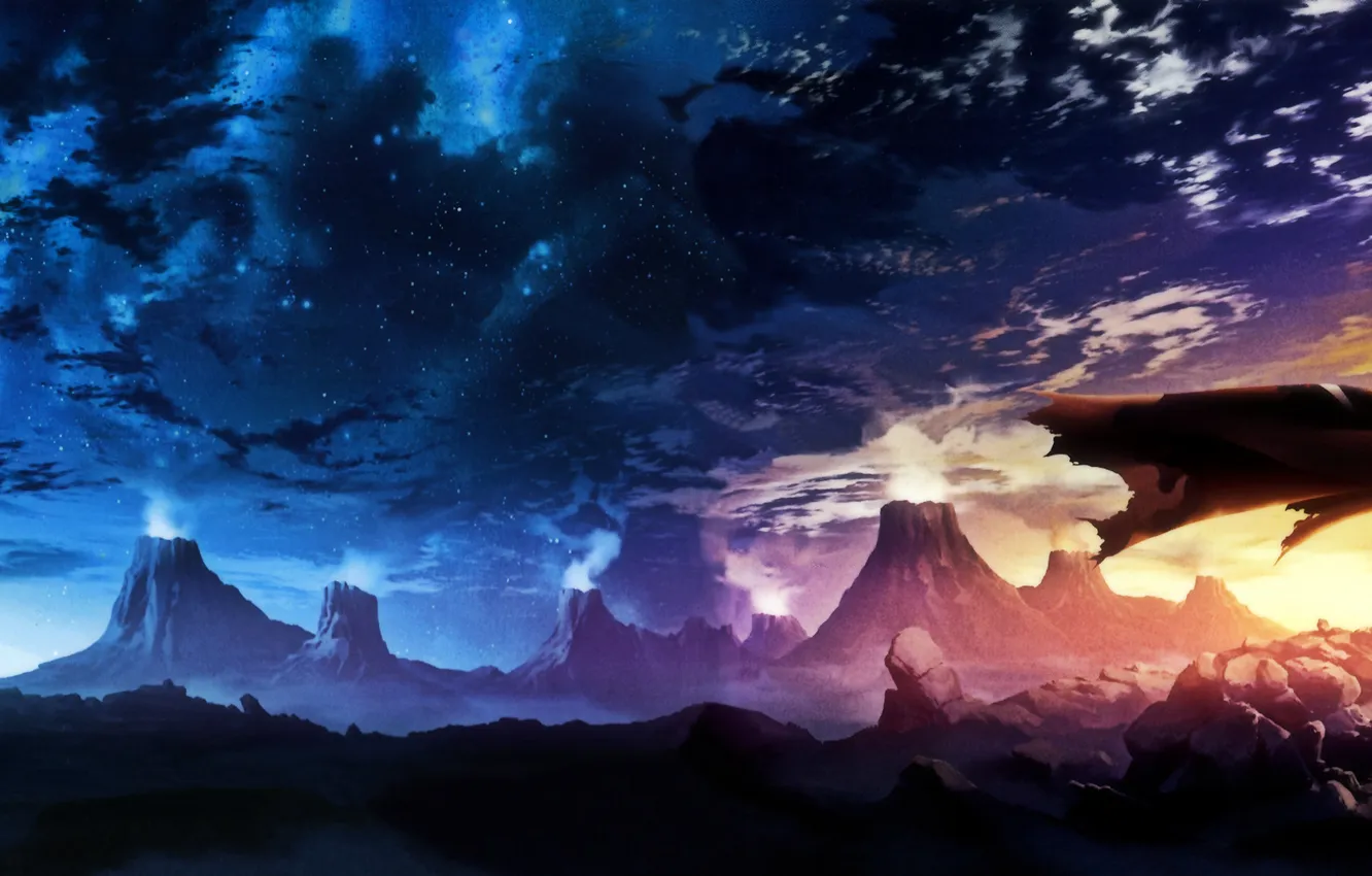 Photo wallpaper the sky, stars, landscape, mountains, sword, katana, cloak, rag