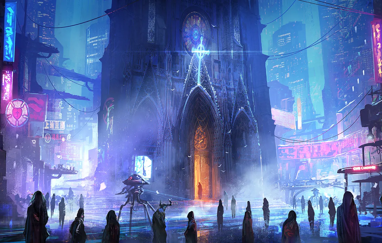 Photo wallpaper night, the city, future, street, people, robot, Church