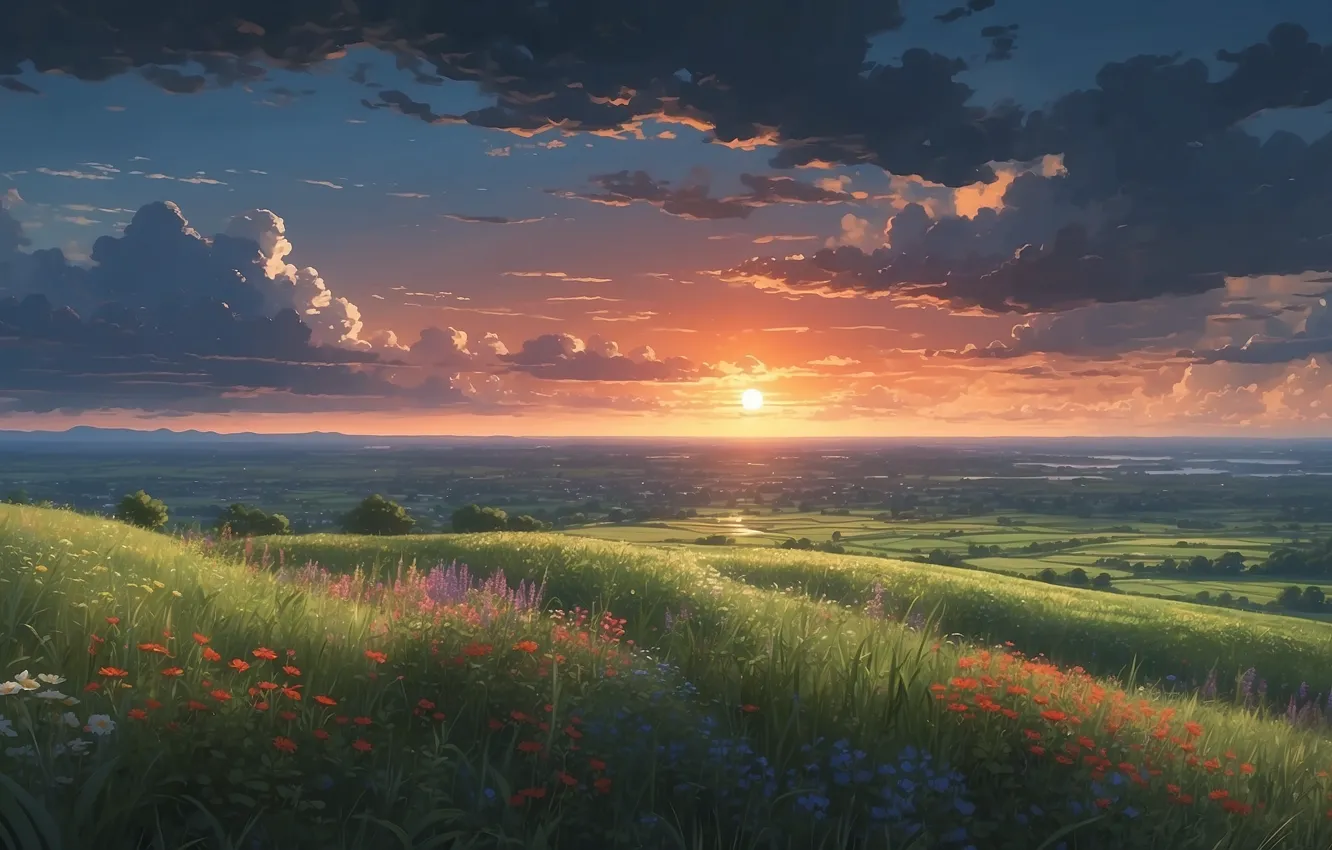 Photo wallpaper sky, trees, landscape, nature, sunset, anime, flowers, mountains