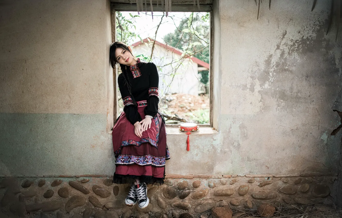 Photo wallpaper girl, window, Asian