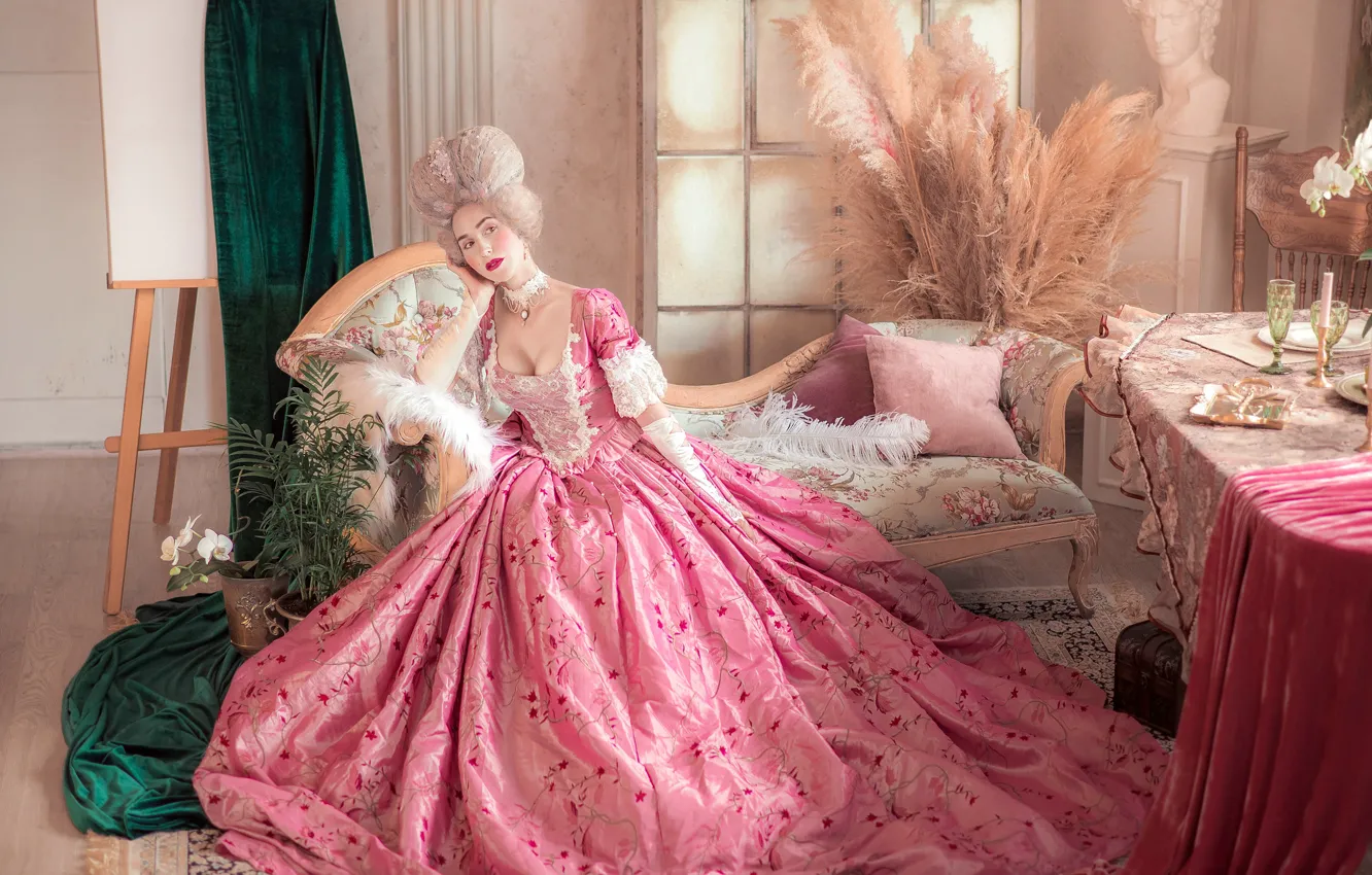 Photo wallpaper lush, room, sofa, style, Baroque, hairstyle, image, medieval style