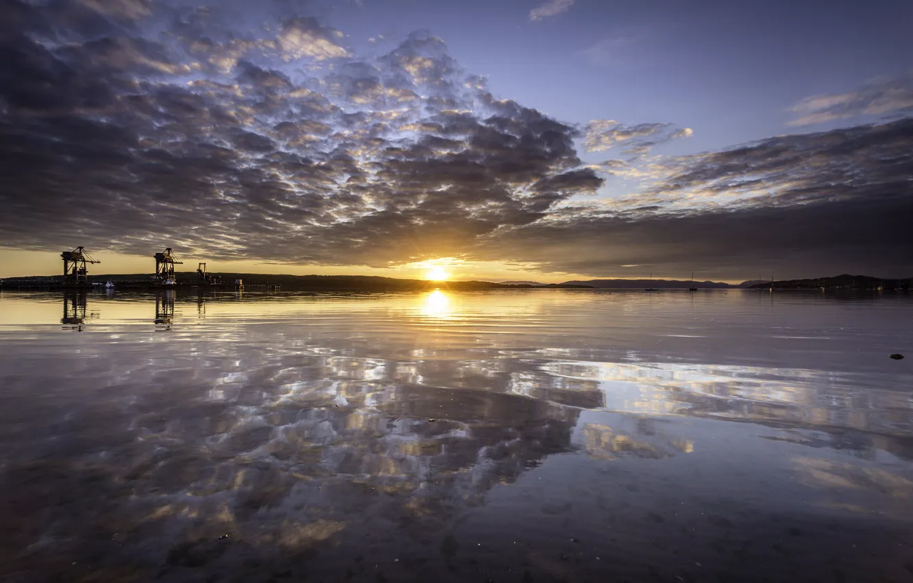 Photo wallpaper beach, sunset, reflection, Scotland, symmetry, United Kingdom, Ayrshire, Fairlie