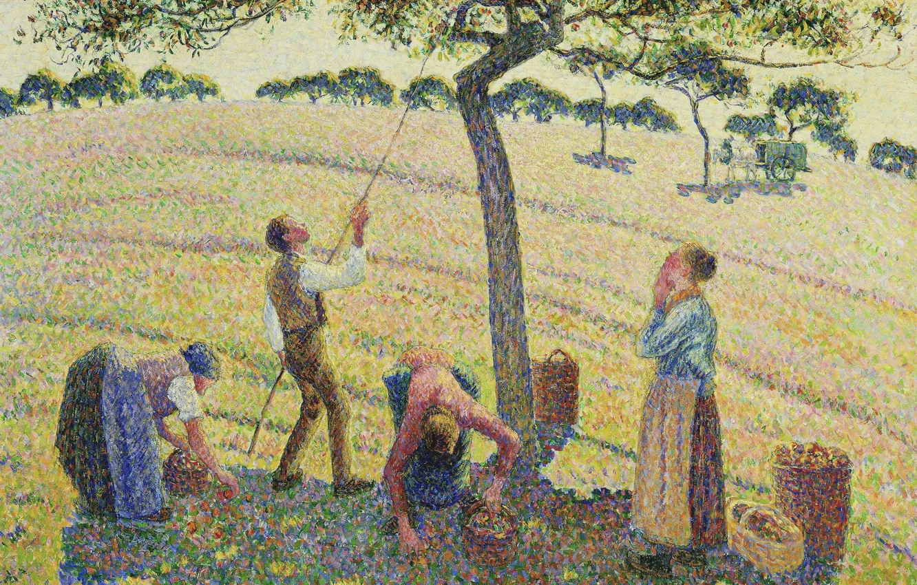 Photo wallpaper people, picture, genre, pointillism, Camille Pissarro, Collectors Of Apples. Eragny