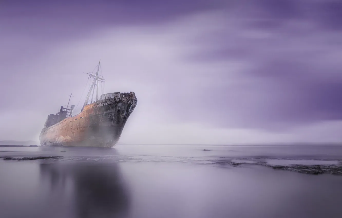 Photo wallpaper shore, coast, the freighter, sea. stranded