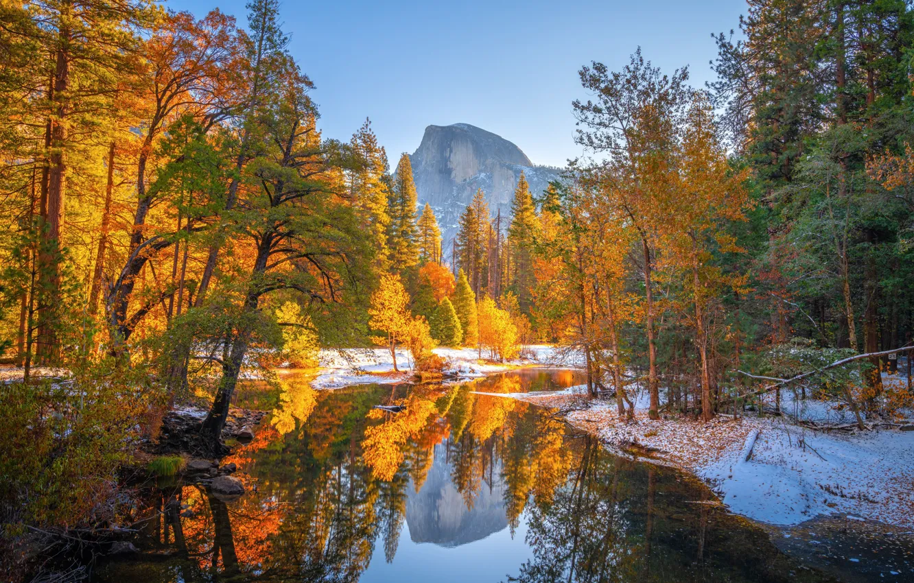 Photo wallpaper autumn, forest, trees, reflection, river, mountain, CA, California