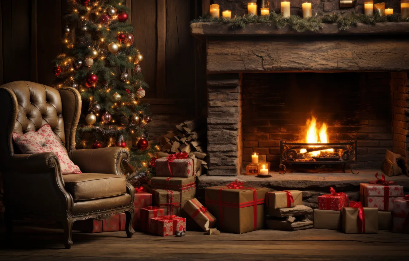 Photo wallpaper lights, comfort, heat, room, flame, furniture, new year, home