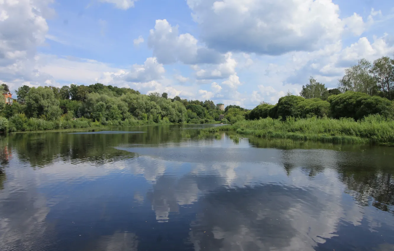 Photo wallpaper the sky, clouds, surface, reflection, river, Russia, Pskov