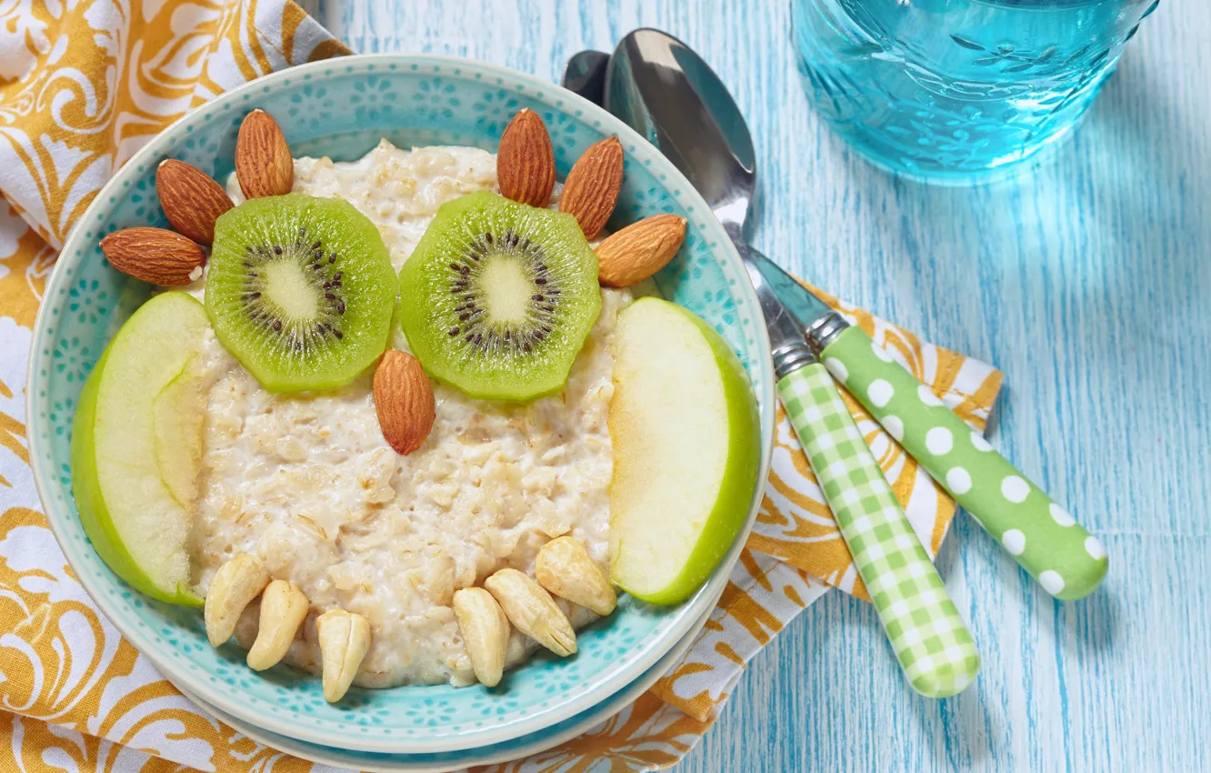 Photo wallpaper glass, creative, table, owl, apples, kiwi, plate, spoon