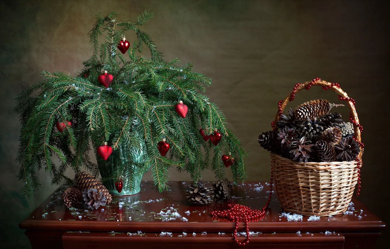Photo wallpaper decoration, branches, holiday, basket, toys, new year, spruce, beads