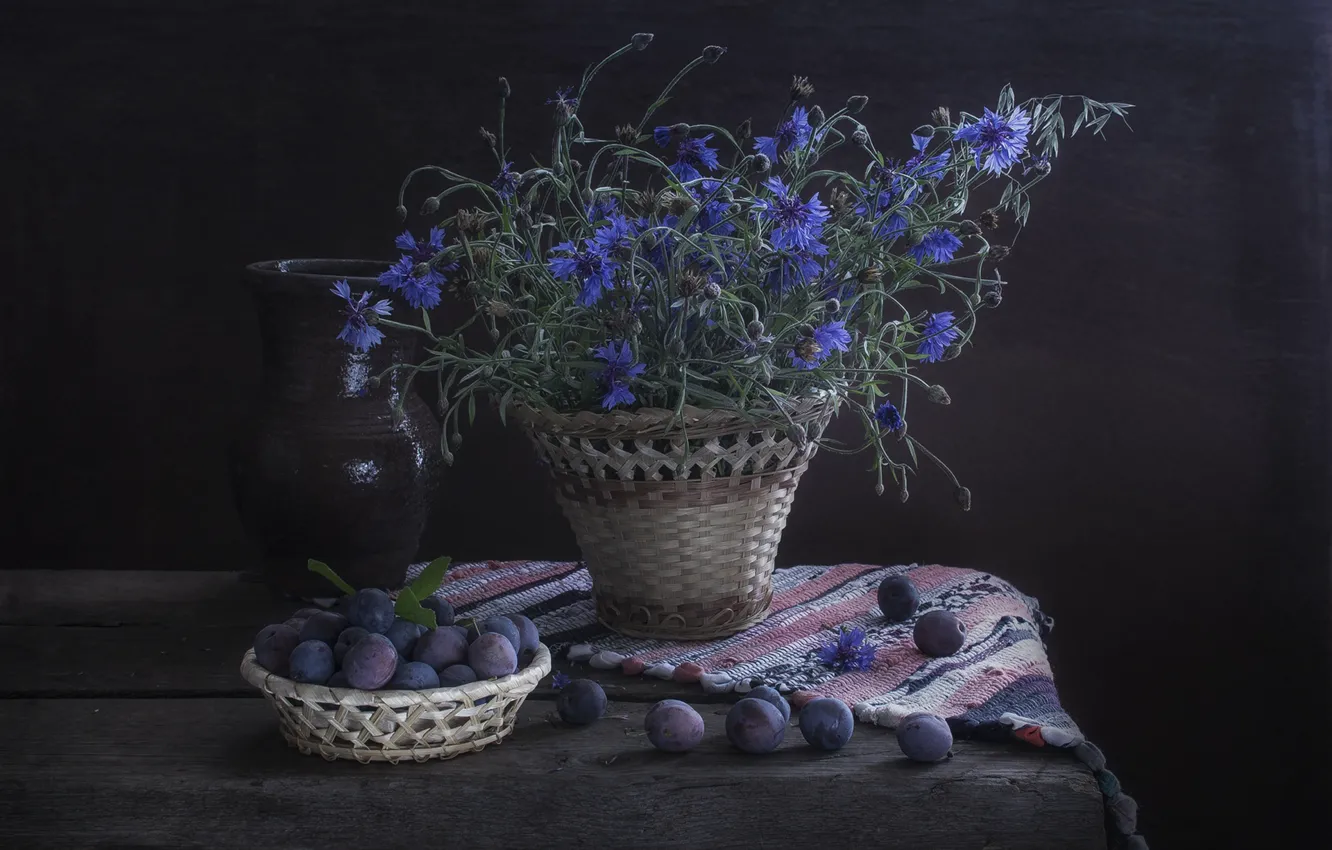 Photo wallpaper flowers, the dark background, blue, pitcher, still life, blue, cornflowers, drain