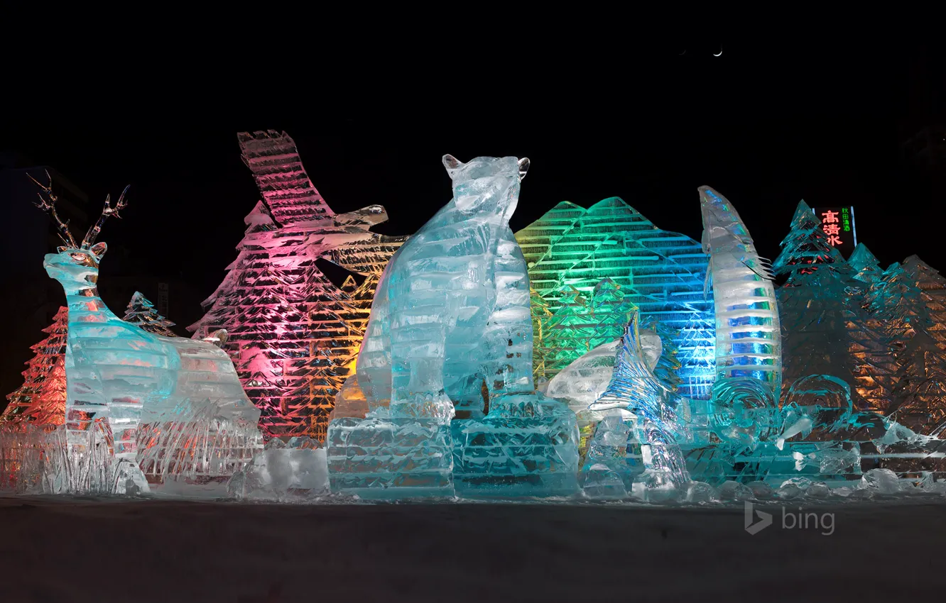 Photo wallpaper light, night, color, Japan, Sapporo, ice sculptures, Winter Festival
