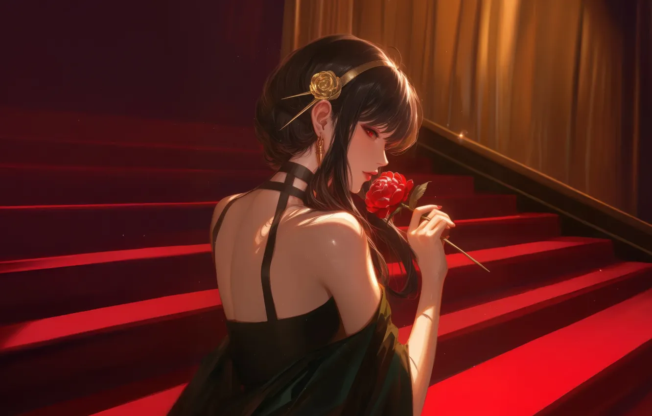 Photo wallpaper anime, brunette, stage, black dress, Anime girl, rose flower, Anime art, Your Father Is From …