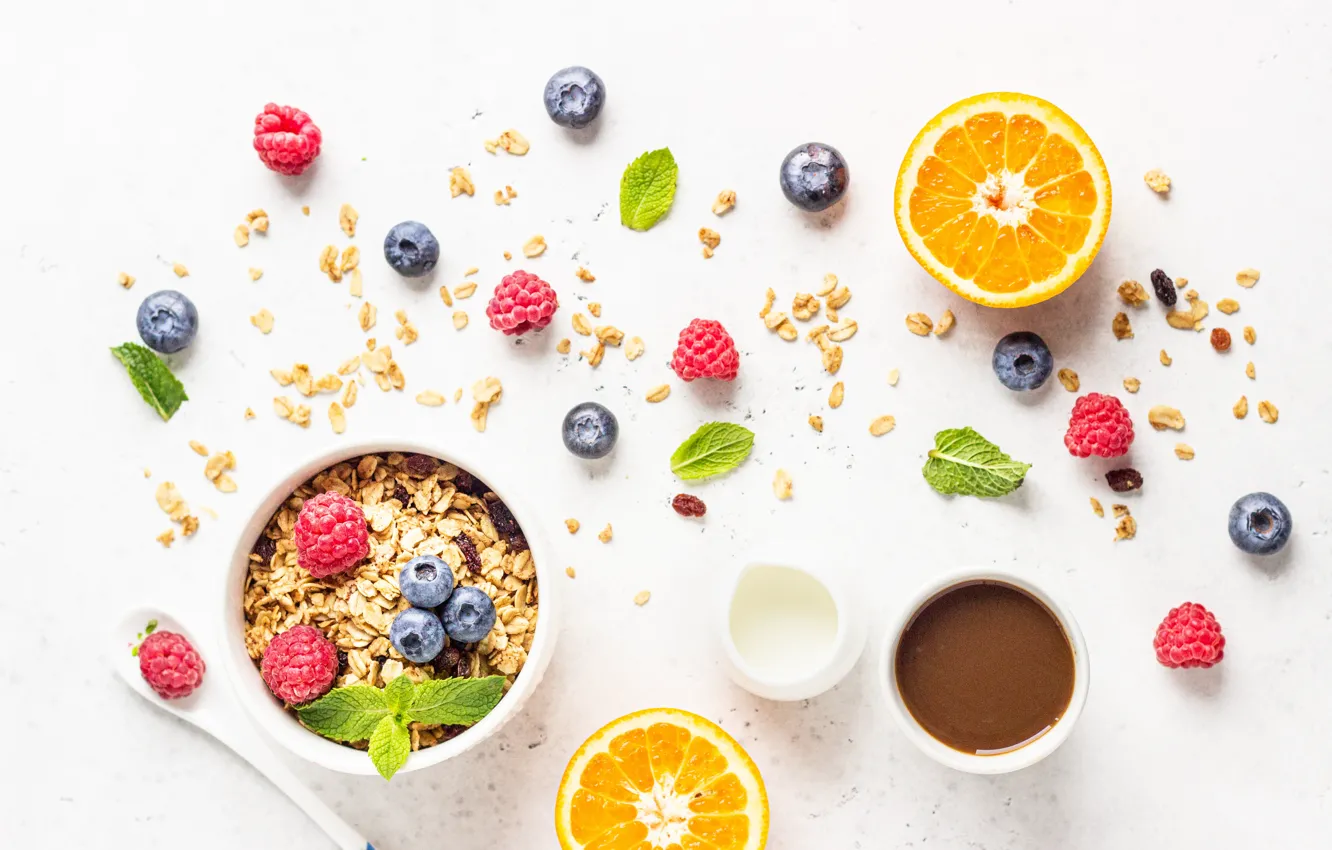 Photo wallpaper berries, orange, Breakfast, muesli, Bondarenko Rimma