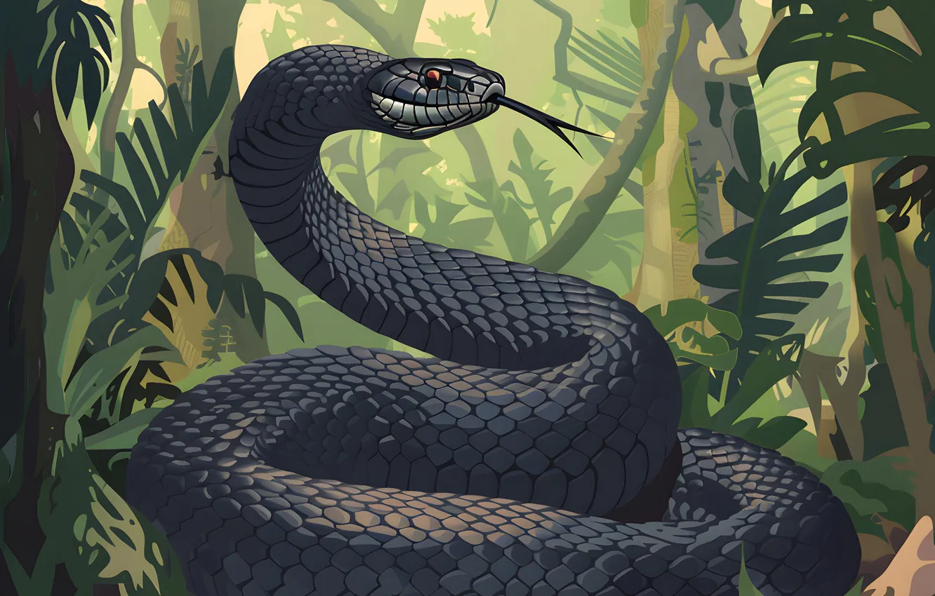 Photo wallpaper language, trees, animal, snake, jungle, art, reptile, digital art