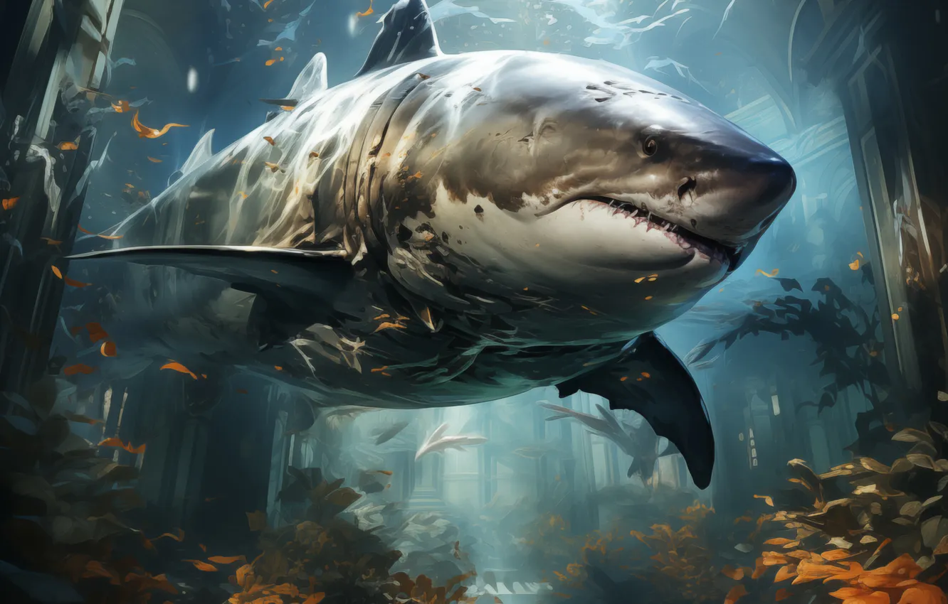 Photo wallpaper Shark, The building, Face, Predator, Underwater world, Digital art, AI art, The Art of Artificial …