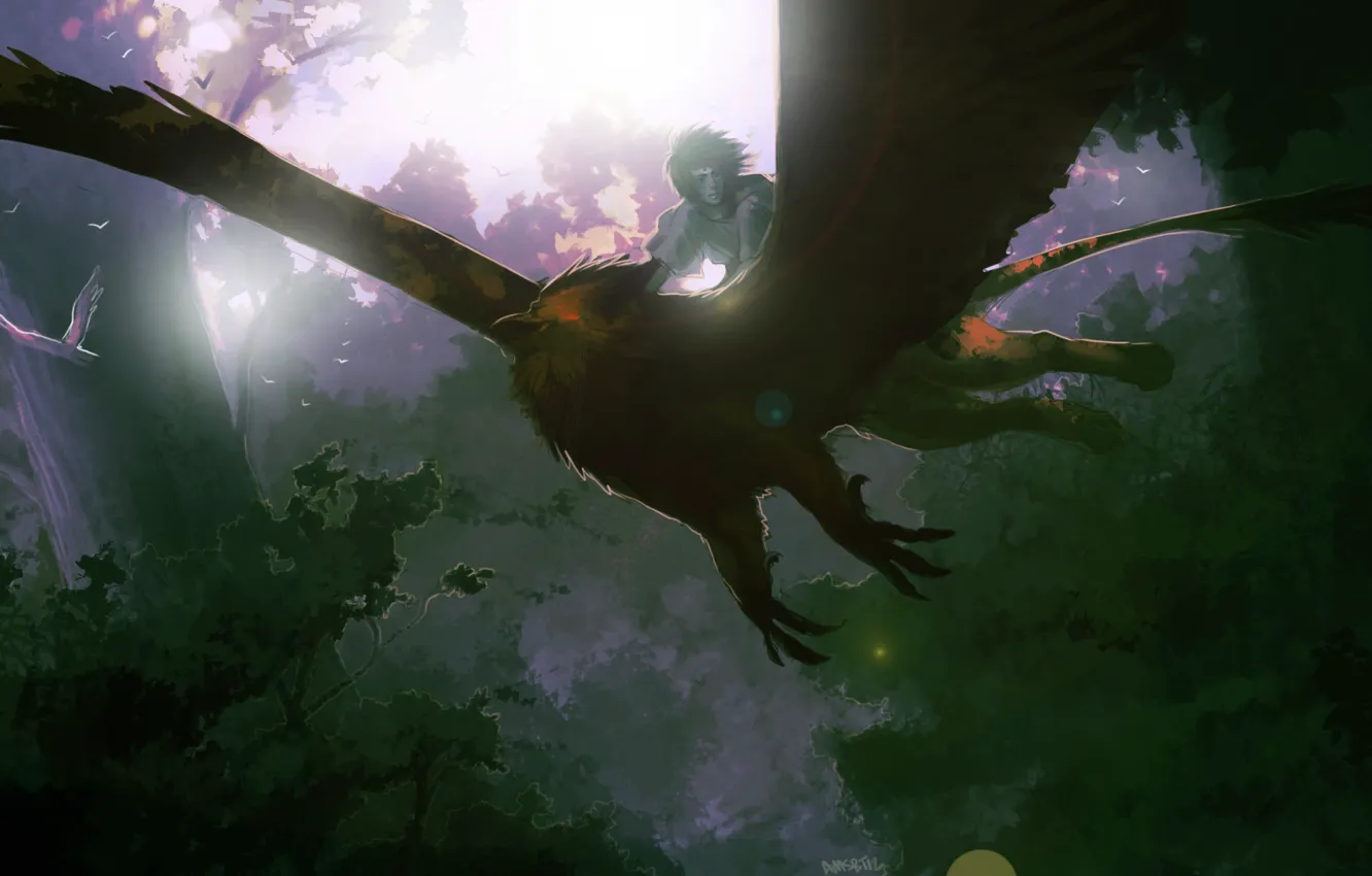 Photo wallpaper forest, birds, nature, anime, art, guy, Griffin, amsbt