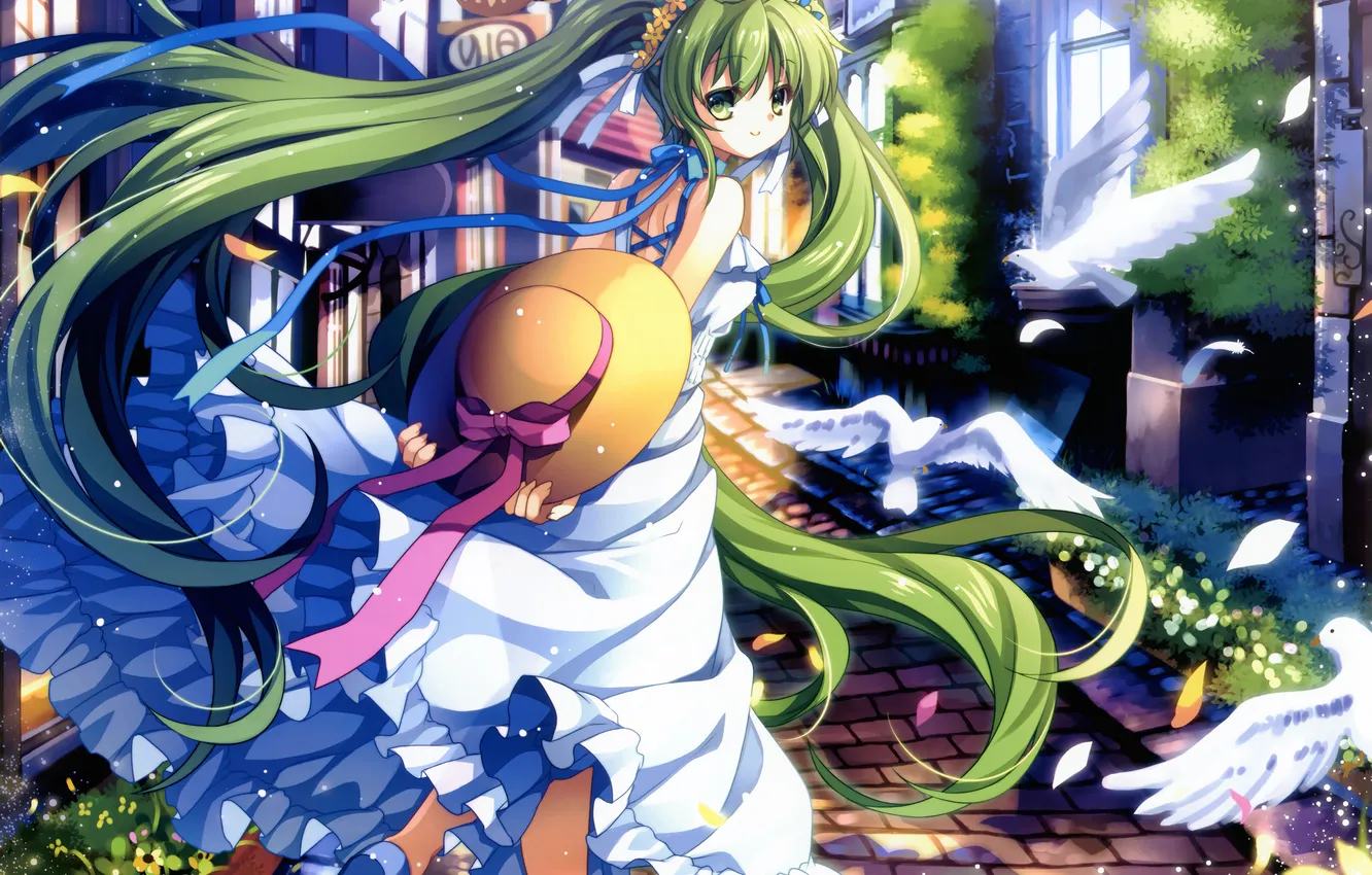 Photo wallpaper summer, girl, bird, street, hat, dress, art, pigeons